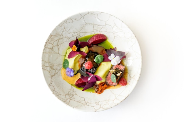 Assorted plated dishes for a pricing section